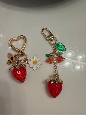 Gold Strawberry Charm Keychain with Red Strawberry and Floral Accents - Pick One